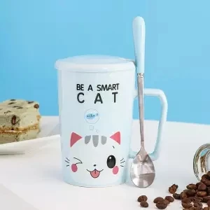 Кофейные кружки, чашки для девушек, студенческие милые чашки, керамические чашки, кофейные чашки для мужчин и женщин, Мультяшные чашки с крышкой, ложки, чашки для дома - Цвет: 400ML set
