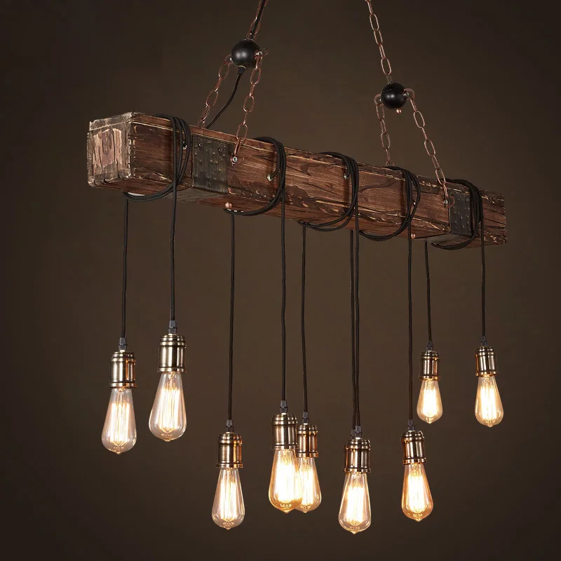 

Retro Industrial Wood 10 heads Led Pendant Lamps Vintage Loft Bar Wooden Chandelier for Bar Coffee shop Light Fixtures Lustres