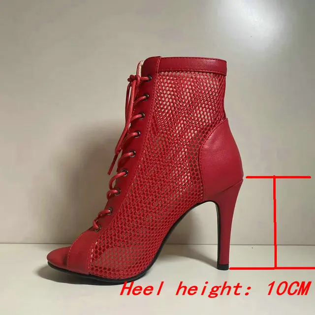 New Women's Sandals 2021 High Quality Air Mesh Sexy High Heels Open Toe Gladiator Sandal Black Summer Dancing Shoes Plus Size 47 Red-10cm