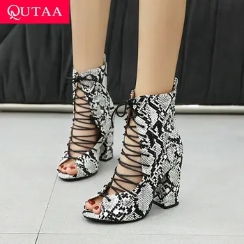 

QUTAA 2020 Peep Toe Summer Lace Up Ladies Pumps Snakeskin PU Leopard Scrub Cool Boots Square High Heel Women Shoes Size 34-43