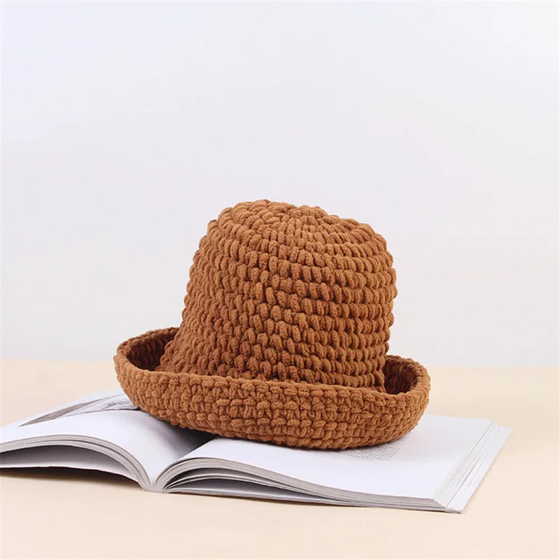 Осенняя и зимняя акриловая одноцветная утолщенная вязаная шапка, зимняя теплая шапка-ведро ручной работы для женщин 128