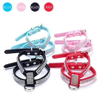 

Leather Small Dog Harness Diamond Necklace Retractable Dog Leash Rhinestone Puppy Dog Collar Accessories Cats Products For Pets