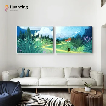 

Nordic Poster Cartoon Landscape Picture Home Decoration Green Forest Travel Canvas Pictures for Living Room Dining Room Wall Art