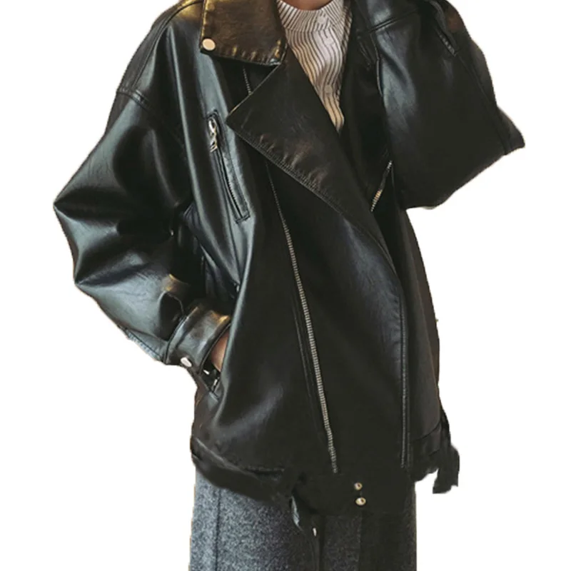 Элегантный дизайн, Женская куртка из искусственной кожи, мотоциклетная, корейская мода, зимняя верхняя одежда с длинным рукавом, на молнии, куртки черного цвета