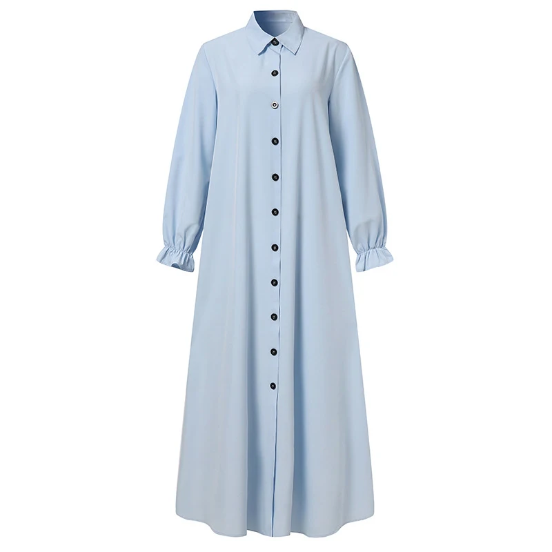 Eid Mubarak Plain Vintage Dress Muslim Women Abaya Shirt Collar Single Breasted Casual Islam Robe Saudi Arabia Femme Kaftan