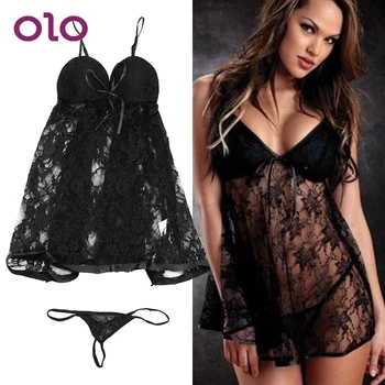 

OLO Plus Size Sexy Pajamas Suit Lace Sleepwear Exotic Apparel Women's Dress with G-string Erotic Lingerie Sling Nightdress