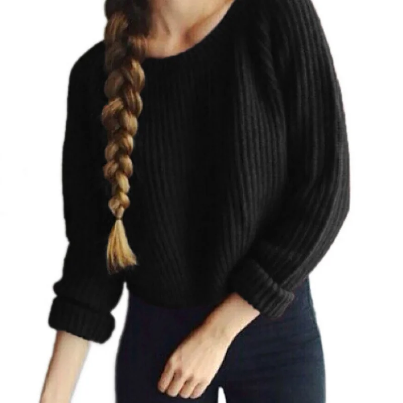 

Autumn Winter Fashion Solid Knitted Women's Sweater Round Neck Long Sleeve Hem Slit Pullover Women Casual Crop Sweater Jumpers