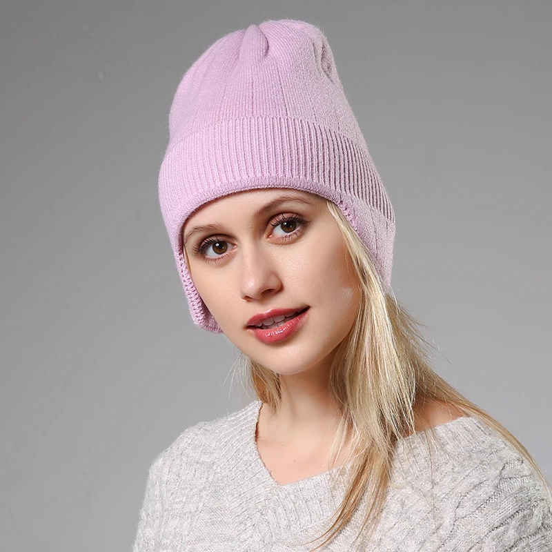 Pink Повседневные зимние вязаные шапки для женщин; модные теплые вязаные наушники из кроличьей шерсти; мягкие шапки для девочек; высокое качество; Fem - Цвет: Pink