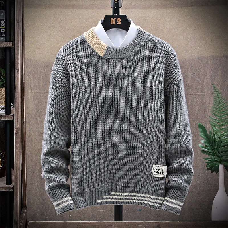 

Autumn Men Sweaters Wool Knitted Casual Mens Patchwork Pullover O-Neck Thick Warm Male Jumper Cotton Long Sleeve Winter Clothing