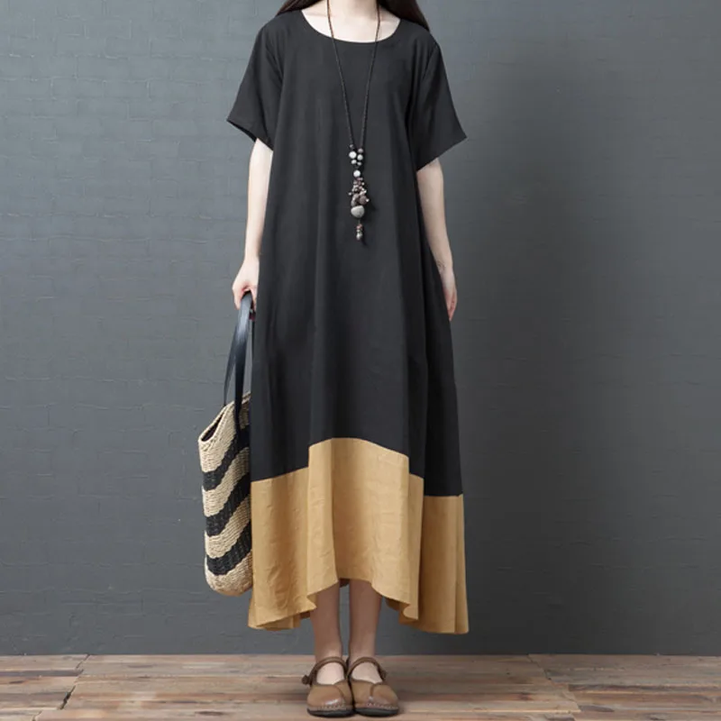 Мода летнее платье с коротким рукавом женское длинное макси Vestidos ZANZEA повседневное лоскутное длинное Туника карманы платья пляжное платье - Цвет: Черный