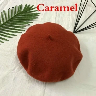 caramel Берет в стиле винтаж, шапка бини, шерстяной берет, шапка для женщин, модный однотонный цвет, Теплый Зимний берет, шапки для женщин, плоская шапка, фетровые береты для девушек - Цвет: caramel