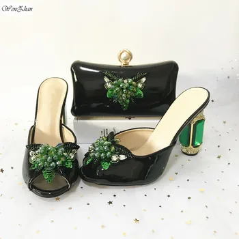 

Luxurious Heel Wedding Women Shoes With Matching Green Crystal Clutch Bag Top Quality High Heels Sandals for Party Women C912-5