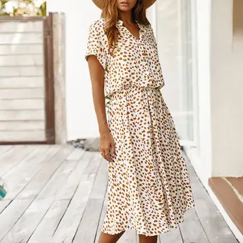 

2Colors Women Vintage Casual Polka Dot Print A-Line Dress Party Sexy V-neck Short Sleeve Summer Dress Vestidos