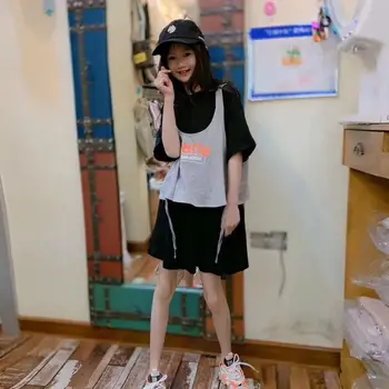 

2020 summer new letter short-sleeved girl ins tide loose mid-length t-shirt dress vest fake two-piece tide