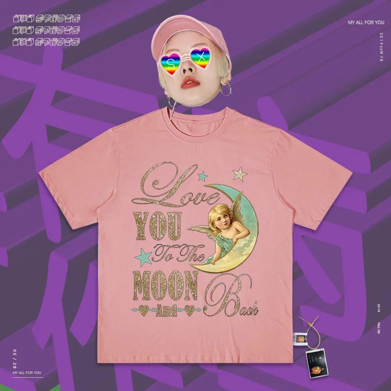 Европейские товары Will Edition футболка с коротким рукавом для мужчин и женщин Луна на настоящая девушка Винтаж ручной каракули картина маслом золочение - Цвет: Pink