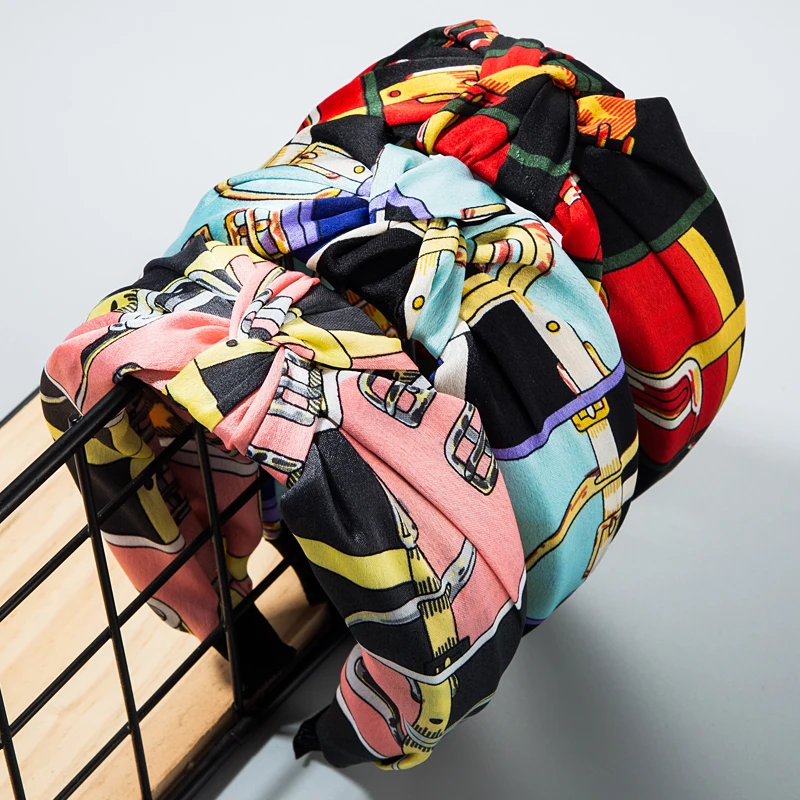 

2020 Korean and European Hair Accessories for Woman High Class Hand Made Wide Side Print Copy Silk Bowknot Hair Bands for Woman
