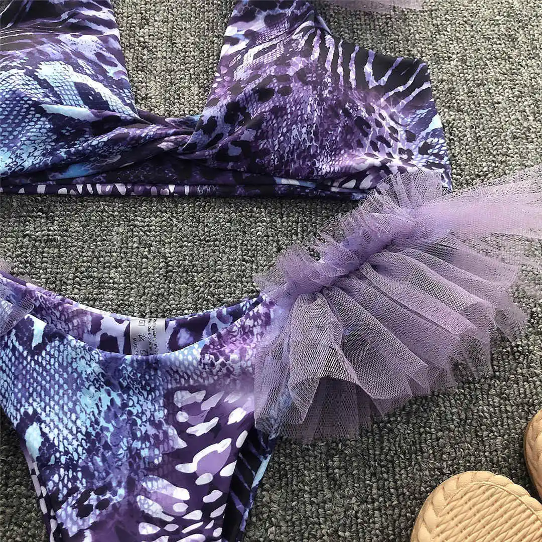 Sexy Mesh Sheer Chiffon Splicing Bikini Women Swimwear Female Swimsuit Two-pieces Bikini set Printed Bather Bathing Suit V2411