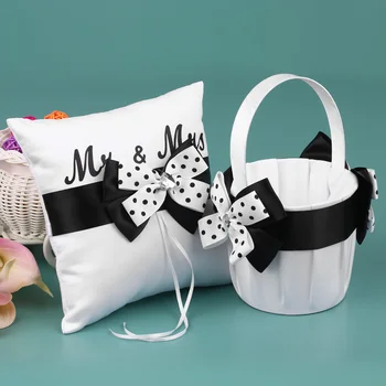 

Wedding Supplies 4pcs/set Satin Flower Girl Basket Ring Bearer Pillow Guest Book Pen Holder Set Decor with White Black Bowknot
