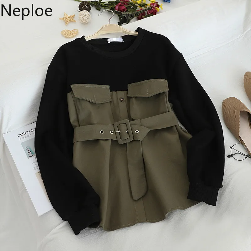 

Neploe O Neck Patchwork Fake Two Piece Hoodies Slim Waist Belt Pullovers Slim Fit Fashion Long Sleeve Sweatshirt Autumn Spring