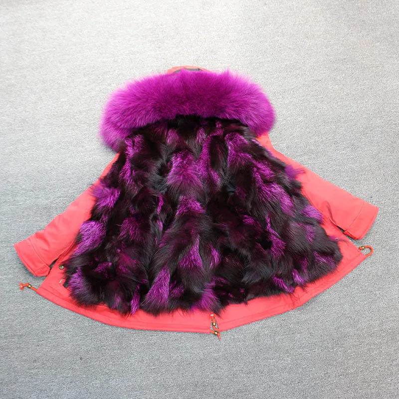 red rose purple fur Парки с натуральным лисьим мехом; куртка для маленьких мальчиков и девочек; ветровка для маленьких девочек; зимняя одежда с капюшоном; детская верхняя одежда; пальто - Цвет: red rose purple fur