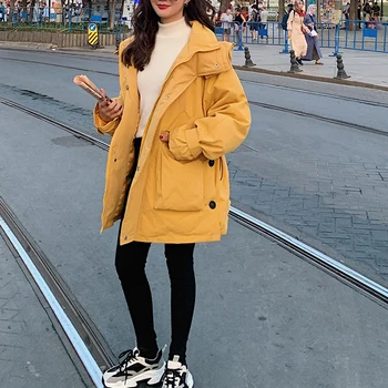 

Women Warm Thick Hooded Parkas 2020 Autumn Winter Korean Style Pocket Drawstring Irregular Cotton Padded Overcoats