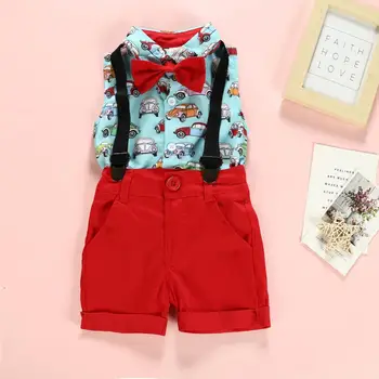 

Fashion Red Baby Boy Clothes Set Car Print Sleeveless Top+Pant+Straps+Tie 4 Pieces Set For 1-6Y