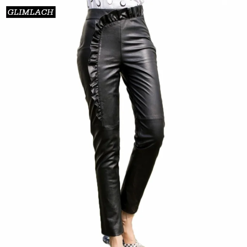Women Genuine Leather Pants Ruffles 
