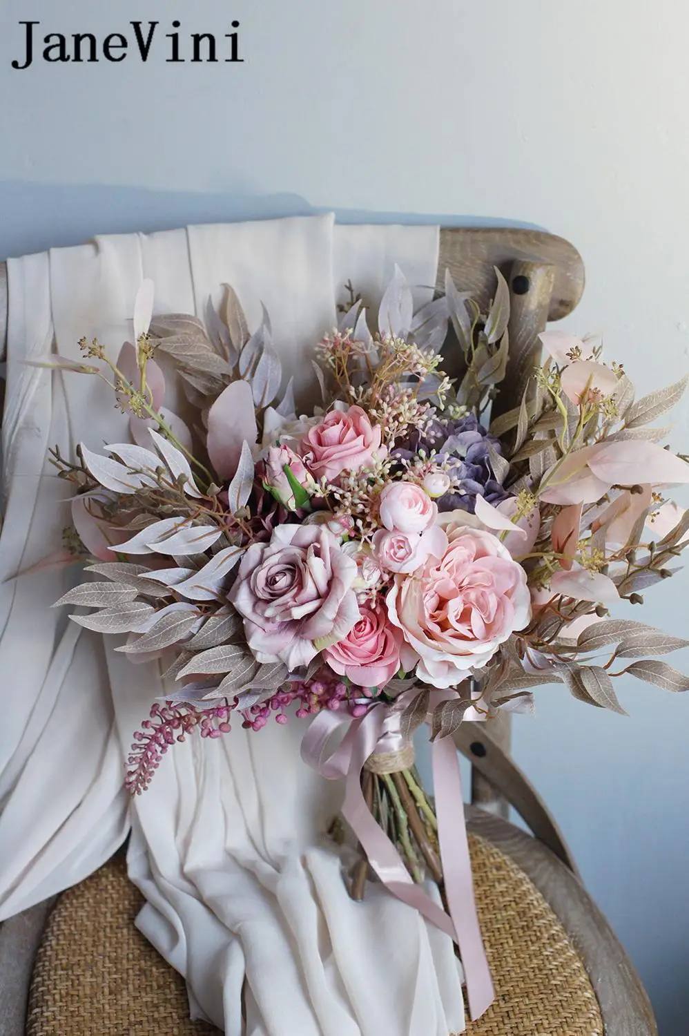 JaneVini 2020 Vintage Pink Wedding Flowers Bridal Bouquets Ramo Artificial Fake Flower Roses Leaves Wedding Brooch Bride Bouquet
