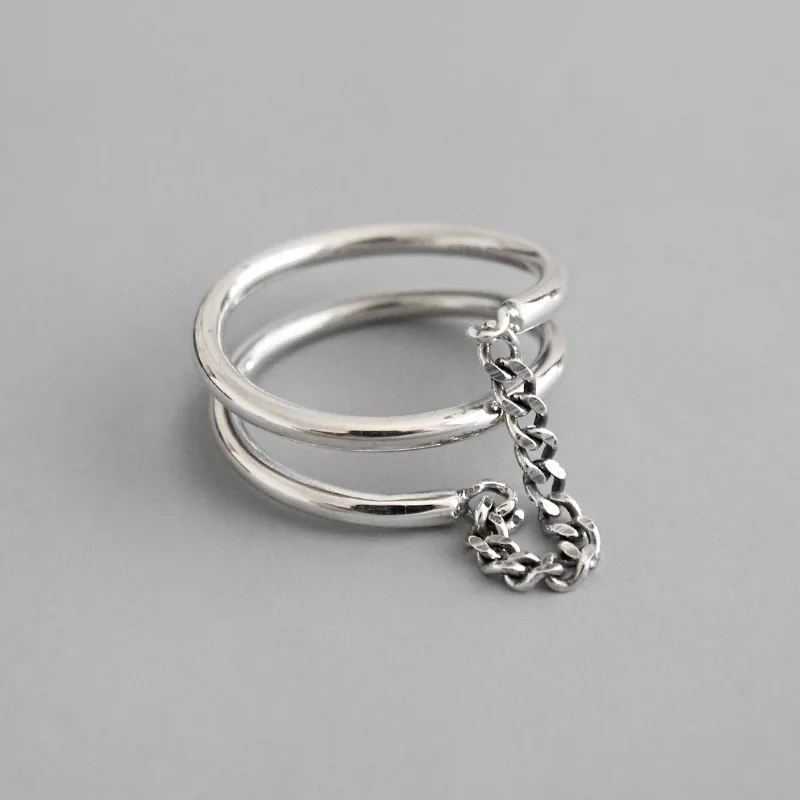

Retro Authentic S925 Sterling Silver FINE Jewelry 3-Rows Multi-Layers with Chain Tassel Ring adjust TLJ710