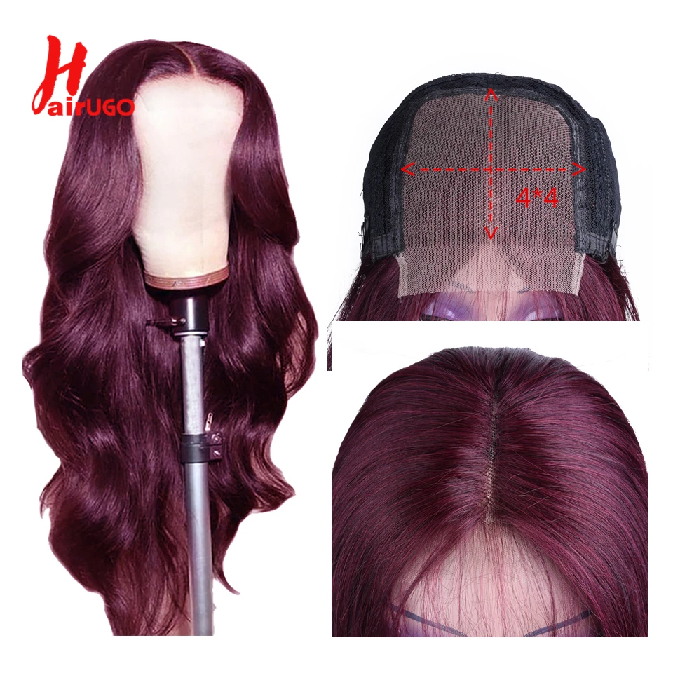 Омбре Красная волна тела 4x4 кружева Закрытие человеческих волос парик предварительно сорвал малазийские Remy бордовый парик 150% плотность