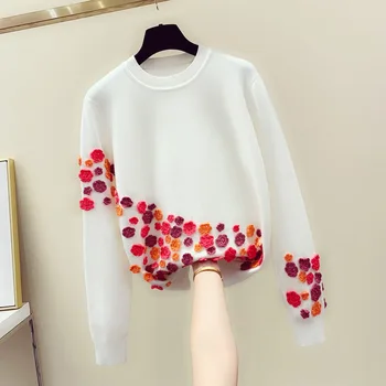 

Hot Loose Sweater Woman 2020 New Spring Autumn White Embroidered Handmade Crochet Three-dimensional Flowers Sweater Jumper Tops