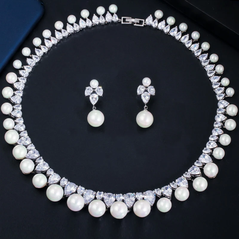 CWWZircons Искрящийся фианит вымощенный круглый большое свадебное Жемчужное ожерелье серьги-гвоздики наборы для женщин вечерние T366