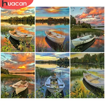 

HUACAN Full Square Round Diamond Painting Ship Diamond Embroidery Landscape Rhinestones Pictures Handicrafts Gift