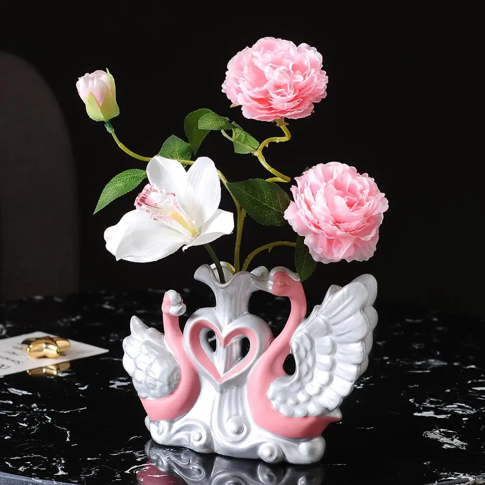 Modern Swan Ceramic Vase+Artificial Flower Ornaments Wedding Gifts Home Livingroom Desk Figurines Furnishing Crafts Decoration
