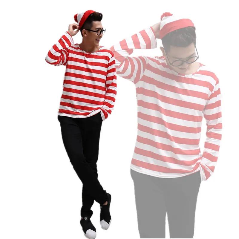 

Halloween Christmas Smart Wally Where's Wally Cartoon Characters COS Men's Red And White Striped Suit