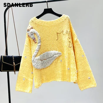 

Autumn Winter Yellow Sweater Women Fashion Embroidered Swan Round Collar Pullover Sweater Female Lady Loose Streetwear Jumper