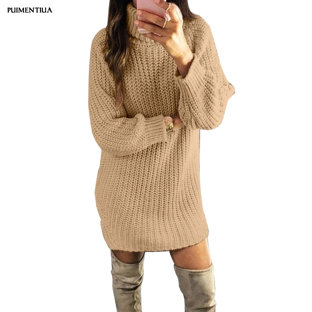 

Puimentiua 2019 Women Turtleneck Long Sleeve Solid Turtleneck Sweater Pullovers Sexy Mini Dress Autumn Winter Ladies Party