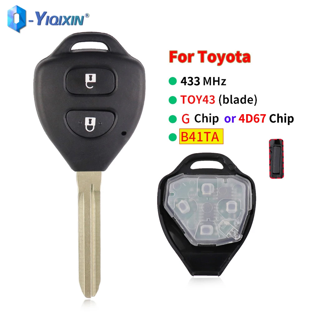 YIQIXIN B41TA 433MHz 2 Button Smart Car Remote Key For Toyota Yaris Hiace Hilux Vigo Innova 4D67/ G Chip TOY43 Blade Replacement