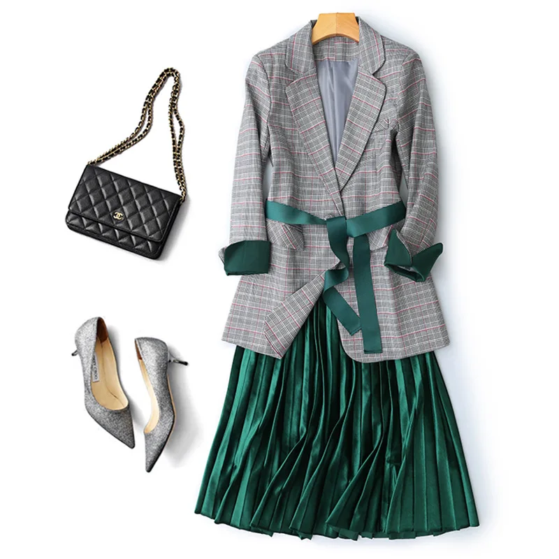 

High Quality Designer Runway Suit Women Autumn Elegant Office Lady Two Piece Outfits Houndstooth Blazer Pleated Skirt Suit Sets