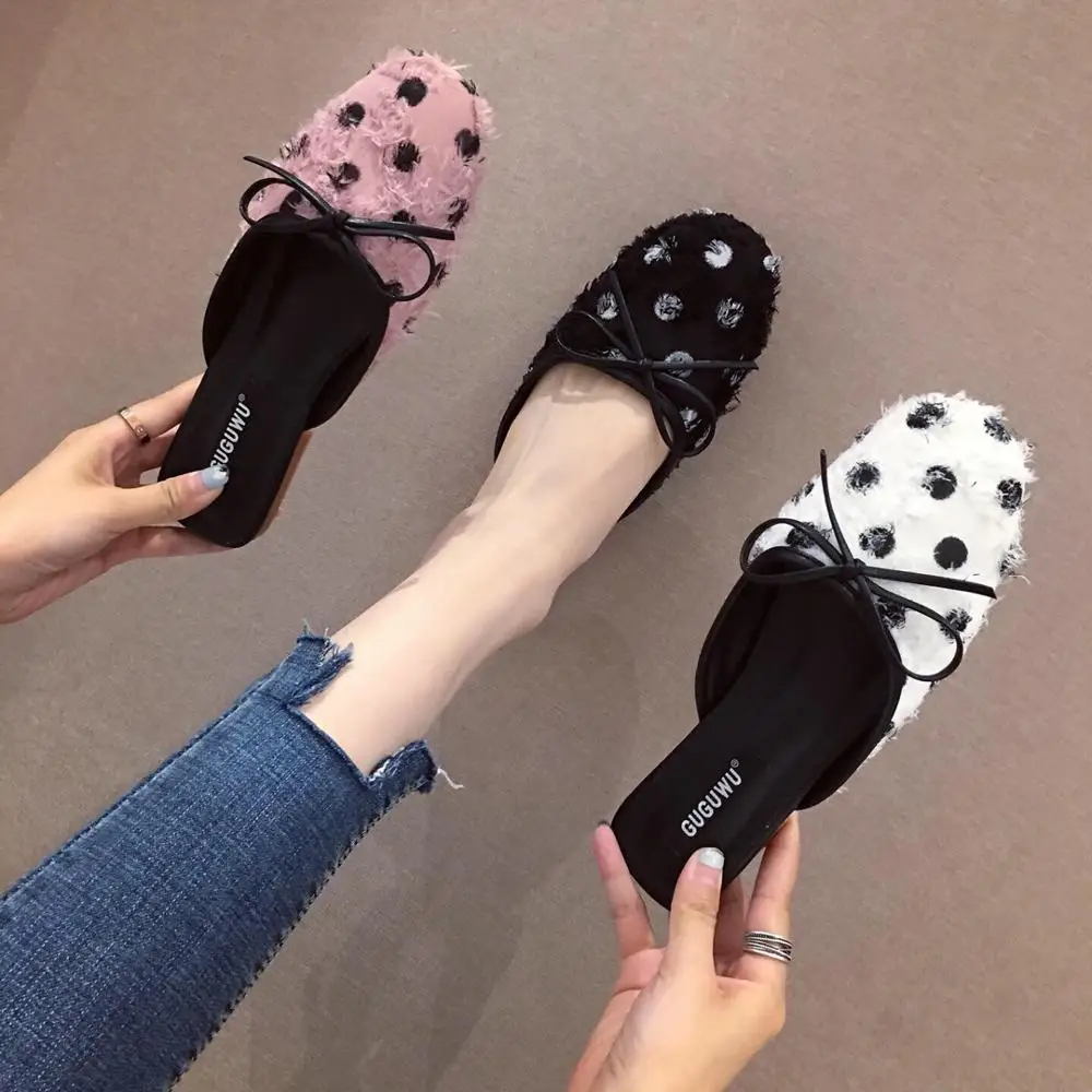

Women's Slippers 2019 Shoes Without Heel Slides Cover Toe Butterfly-knot New Flat Sliders Luxury Pointed Fashion Fabric Polka