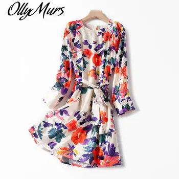 

2020 New Autumn Silk Flower Print Lady Dress Elegant Retro Long Sleeve sashes women mini Lace Up Bowtie Sexy Club Party Dress