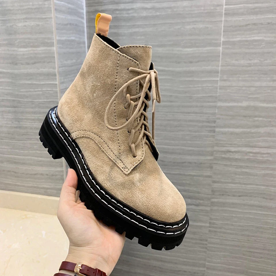

SONFRNCH Fall 2019 New Women's Leather British Wind Army Boots with Martin Boots