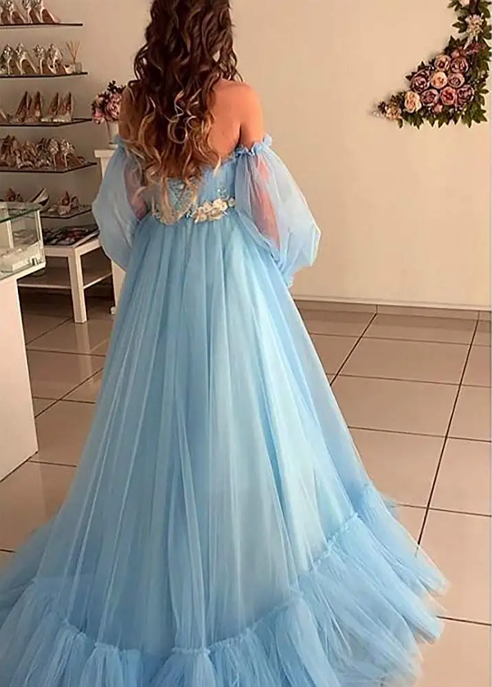 LORIE Elegant Prom Dress Ruffed Off the Shoulder Long Puff Sleeves A-Line Tulle Long Blue Pink Evening Gown Corset Party Dress