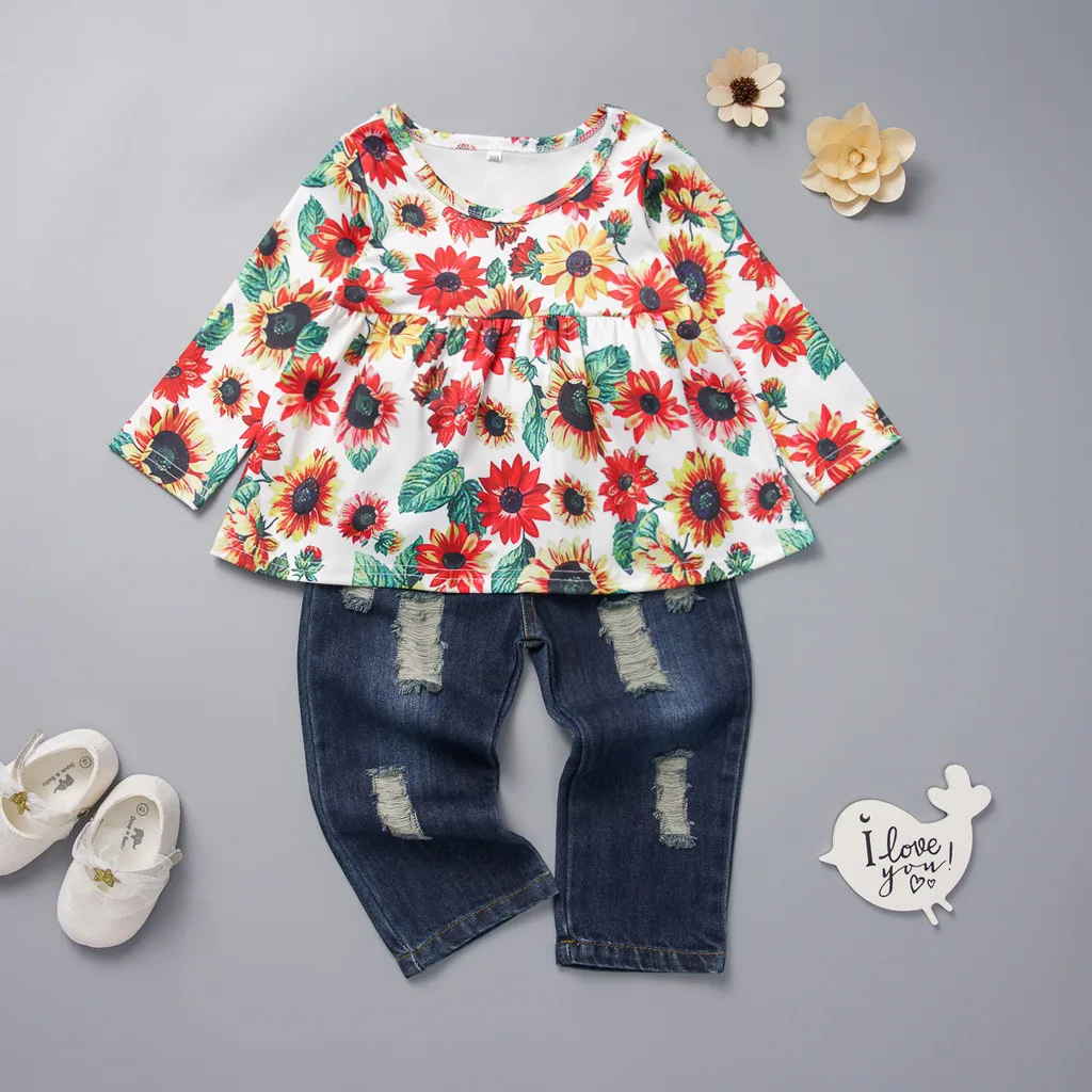 Топы с цветочным принтом для маленьких девочек футболка рваные джинсы джинсовые