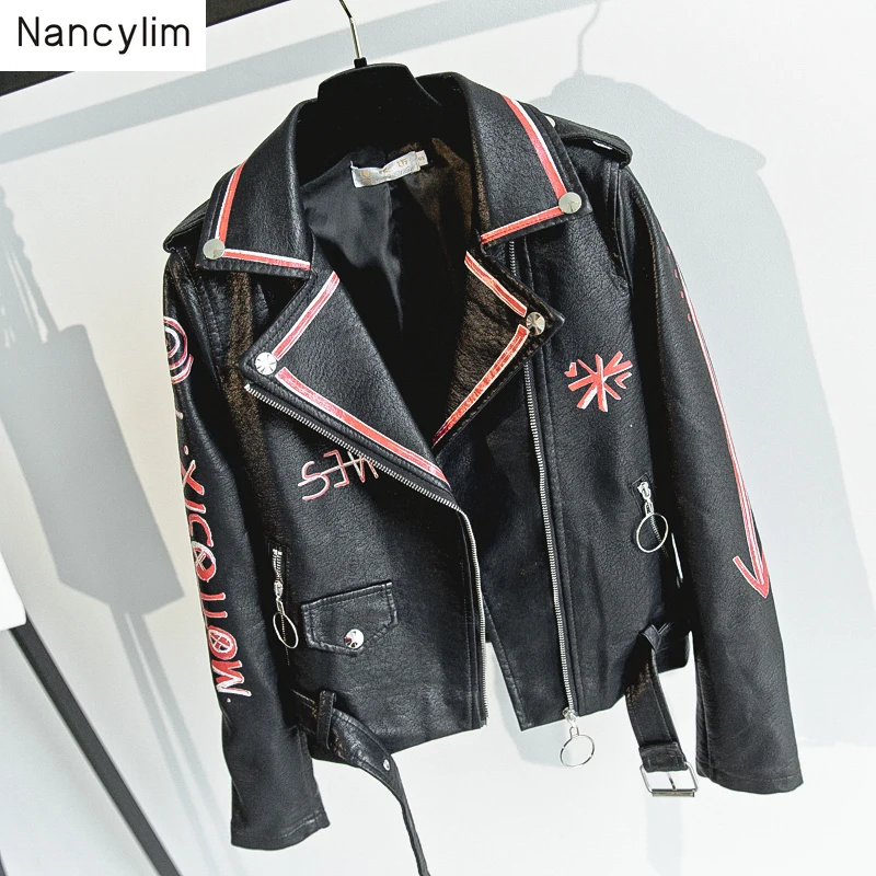 

Spring and Autumn Leather Jacket Women New Korean Short-style Slim Printing Locomotive Leather Coat Lady Pu Leather Jacket Coat