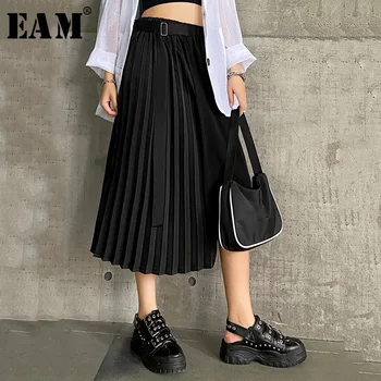 

[EAM] High Elastic Waist Black Asymmetrical Pleated Stitch Half-body Skirt Women Fashion Tide New Spring Autumn 2020 1X813
