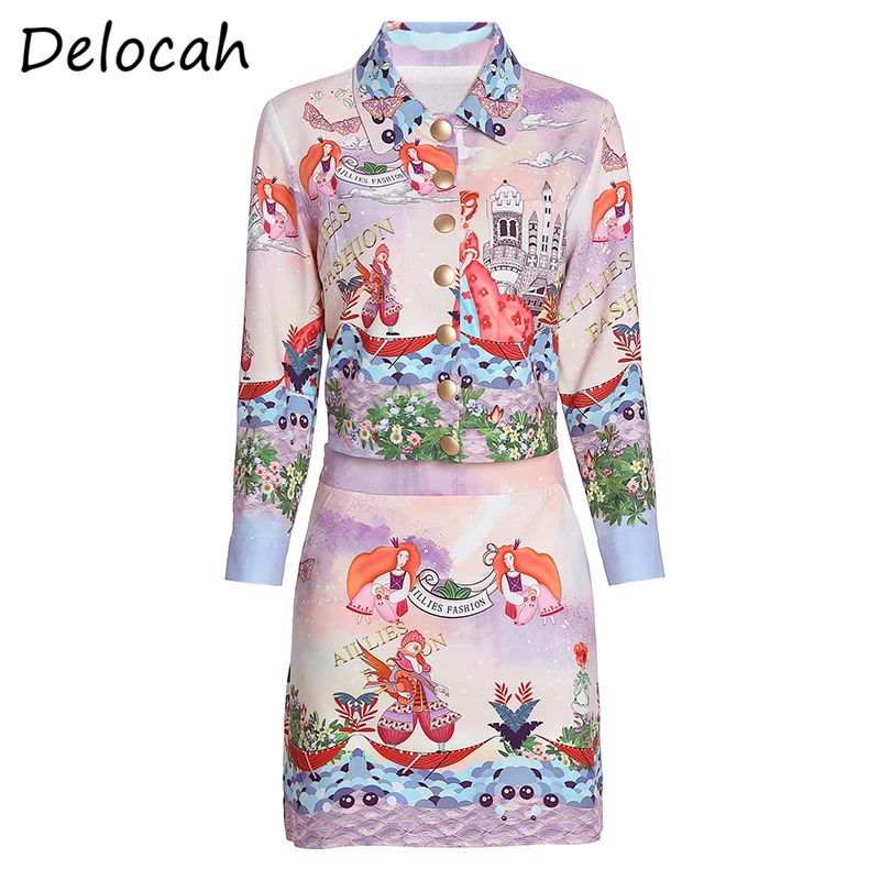 

Delocah Spring Summer Women Set Runway Fashion Designer Long Sleeve Vintage Printed Blouses+Slim Skirt Two Pieces Lady Suits