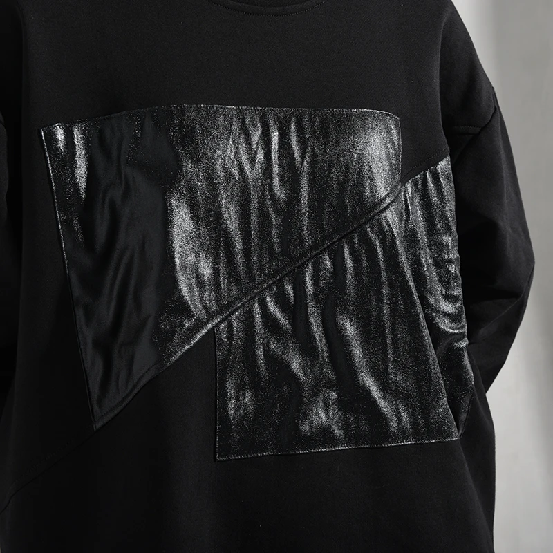 [EAM] Женская Асимметричная черная свободная футболка большого размера с разрезом, новая модная футболка с круглым вырезом и длинным рукавом на весну и осень JR5740