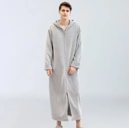 Light Gray Длинный мужской Халат с капюшоном, фланелевый теплый халат на молнии, роскошная однотонная одежда в полоску, свободная ночная рубашка, банный халат, Badjas DS50980 - Цвет: Light Gray