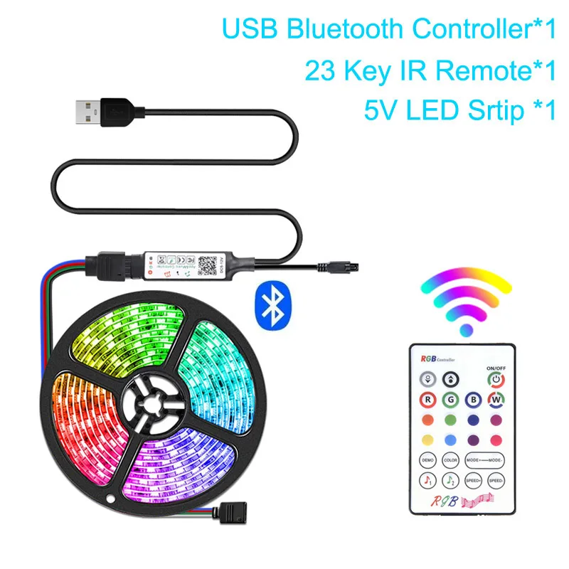 5V 5050 USB RGB LED Strip Light Remote Bluetooth Control TV Back Lighting 1-5M 